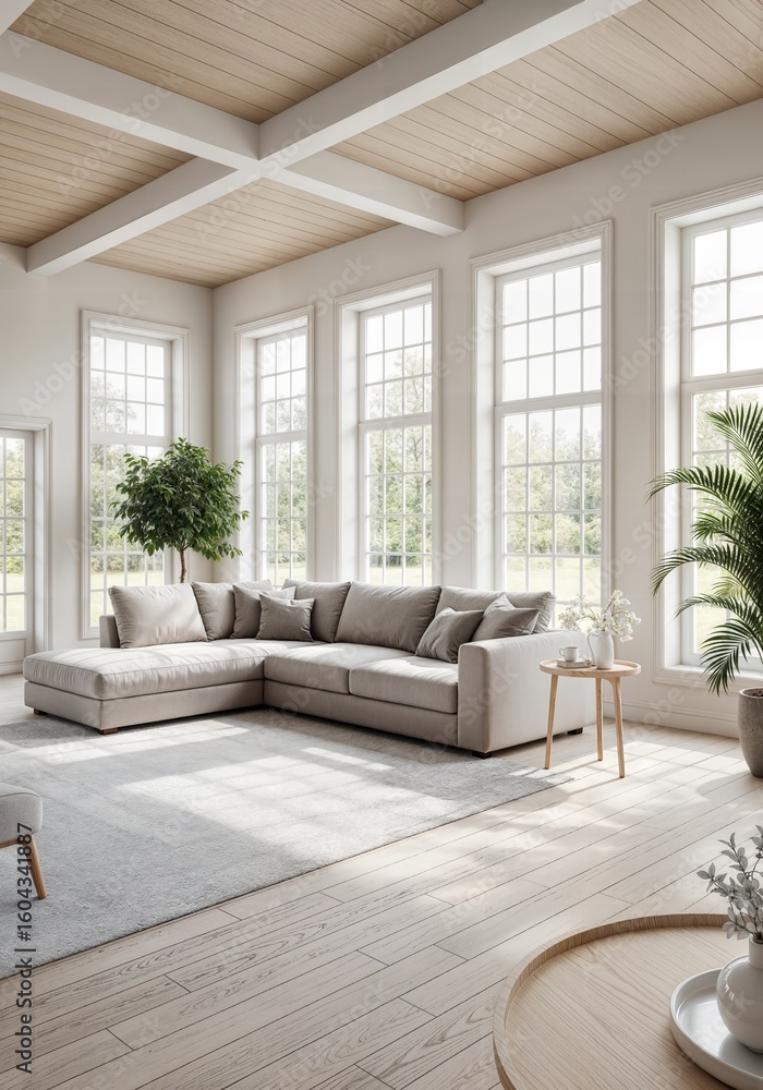 Fototapeta premium Minimalist, scandinavian home interior hall design of modern living room with oversized white sectional sofa in spacious room with large windows. 
