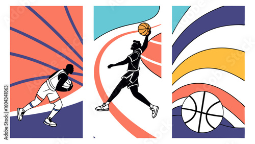 Dynamic basketball art panels showcasing players in action and abstract court elements with bold colors and clean lines