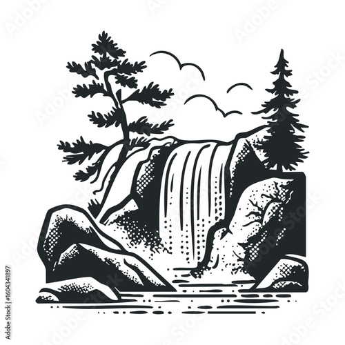 Serene waterfall cascading over rocks surrounded by trees