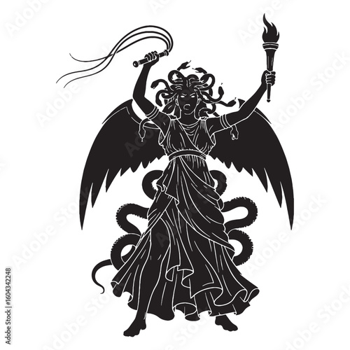 Just Tisiphone digital black vector, representing the avenger of murder's unforgettable appearance – Tisiphone silhouette – Tisiphone Vector – Silhouette of Tisiphone – Greek goddess vector

