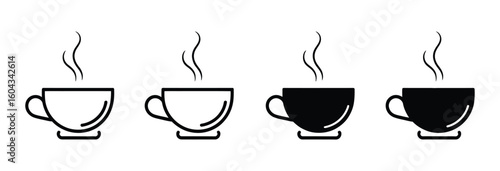 Vector art of coffee cup icon progression outline to solid silhouette with rising steam