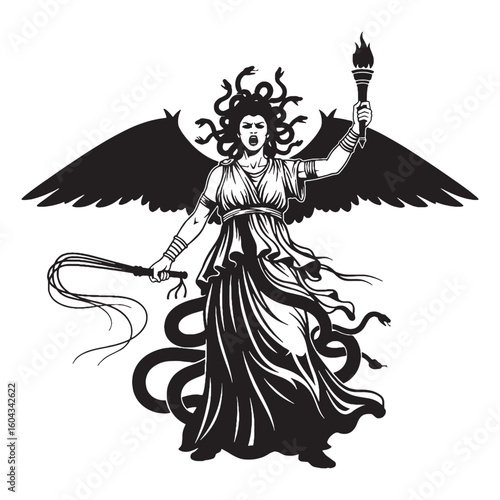 Avenging Tisiphone digital black vector artwork, ideal for portraying the Fury's relentless justice – Tisiphone silhouette – Tisiphone Vector – Silhouette of Tisiphone – Greek goddess silhouette

