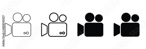 Vector art of evolution of video camera icon from outline to solid silhouette on white background