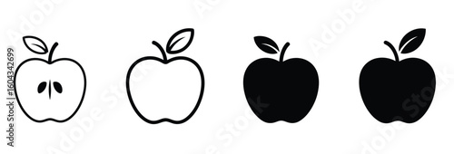 Vector art of apple icon evolution from detailed outline to solid silhouette on white background