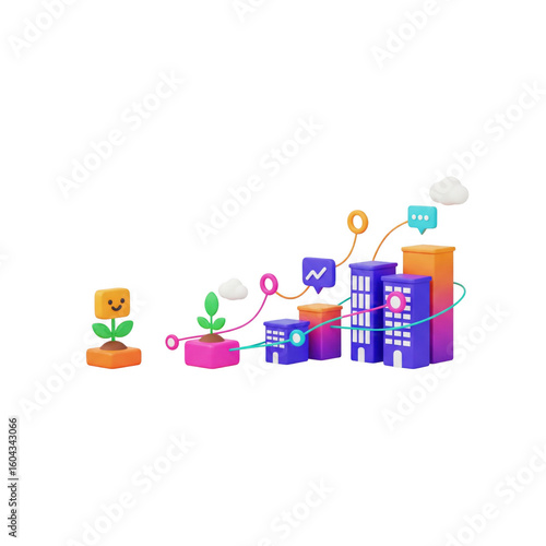 Cartoon illustration showcasing business growth with plants and bar graphs