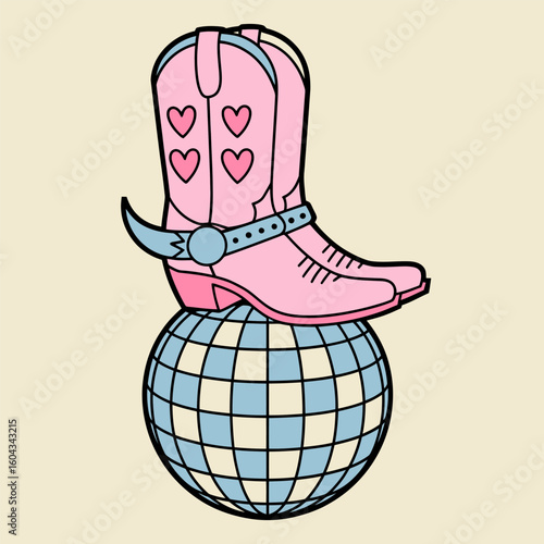 Pink Cowboy Boot with Hearts Standing on Disco Ball