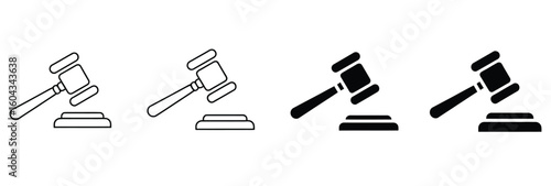 Vector art of gavel icons transitioning from outline to solid black on sound block