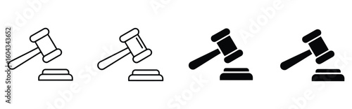 Vector art of gavel icons transitioning from outline to solid black on sound block