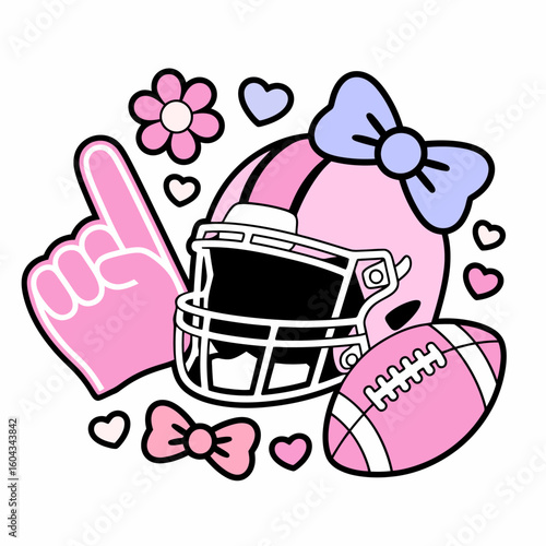 Cute Pink Football Helmet with Bows and Hearts Cartoon Illustration