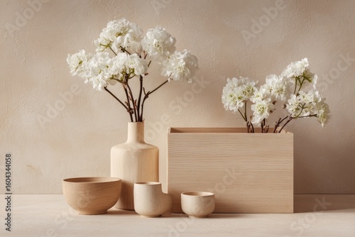 Beige/cream wooden & ceramic objects, white flowers