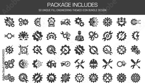 50 Engineering Icons showing repair auto mechanic and machine technology for industrial use black