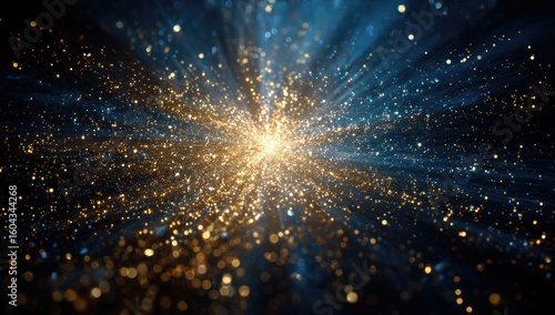 Abstract cosmic explosion of golden and blue particles
