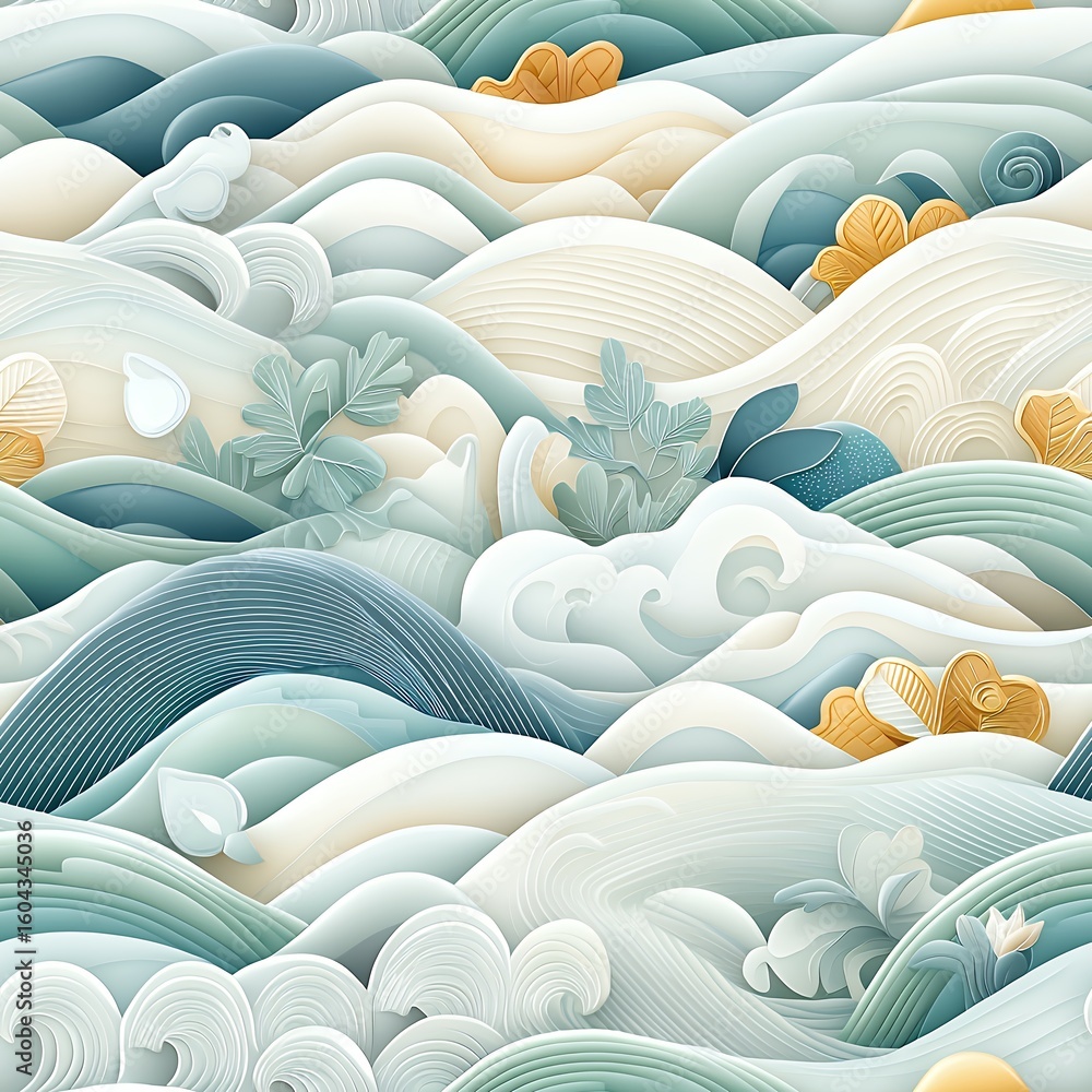 Fototapeta premium Abstract Paper Cut Wave Illustration with Blue Green and Gold Accents