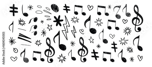 Vector art of handdrawn music notes and symbols on white background