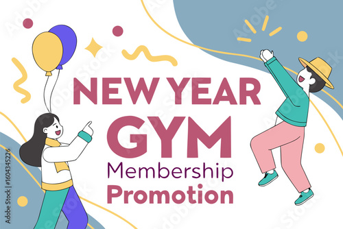 Celebrate the new year with a gym membership promotion featuring happy people and festive balloons encouraging fitness goals