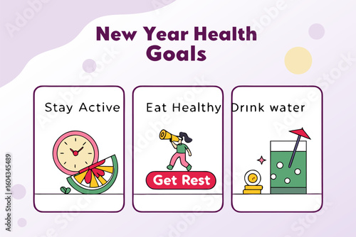 New year health goals stay active eat healthy get rest and drink water for a better you
