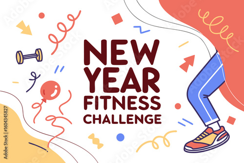 Embark on a new year fitness challenge with a vibrant and energetic design featuring a runner and celebratory elements