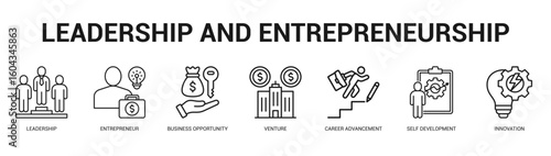 Leadership and Entrepreneurship Modern and clean web banner illustration featuring thematic icons for visual communication