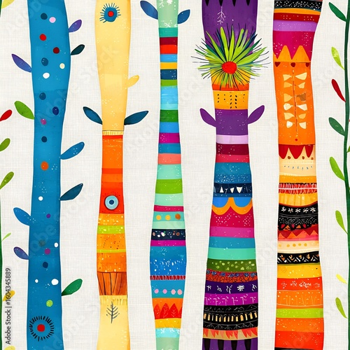 Colorful Abstract Tree Illustration with Vibrant Stripes and Dots