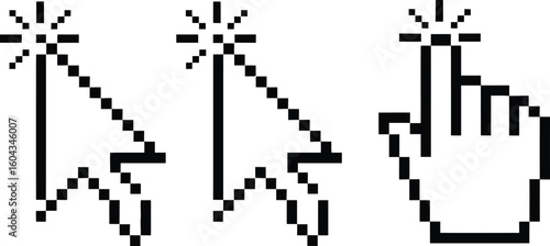 Three pixelated cursor icons including arrow and hand pointer