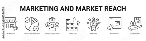 Marketing and Market Reach Modern and clean web banner illustration featuring thematic icons for visual communication