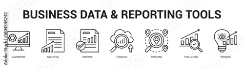 Business Data and Reporting Tools Modern and clean web banner illustration featuring thematic icons for visual communication