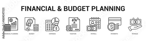 Financial and Budget Planning Modern and clean web banner illustration featuring thematic icons for visual communication