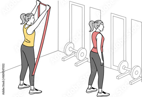 Woman performing resistance band exercises for shoulder and upper body strength training in a gym setting with dumbbells visible