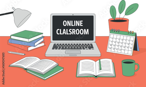Illustration of a desk setup with a laptop displaying online classroom with books and calendar
