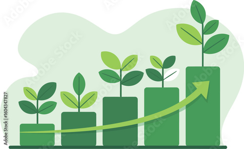 Illustration showing a green bar graph with plants growing out of each bar and an upward arrow