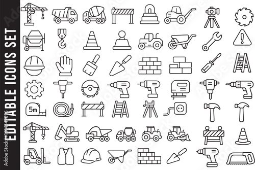  Construction Site and Building Tools Line Art Icon Set