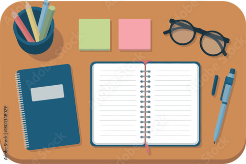 A top down view of a desk with an open notebook, a closed notebook, glasses, and writing utensils