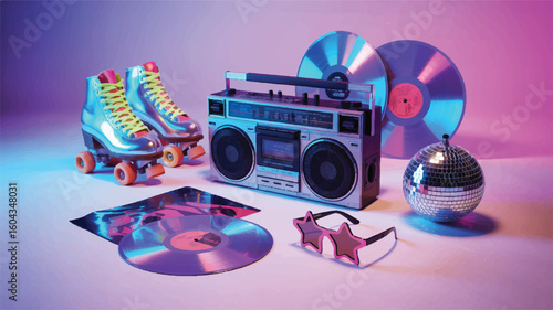 Retro roller skates boombox vinyl records disco ball and star sunglasses vector