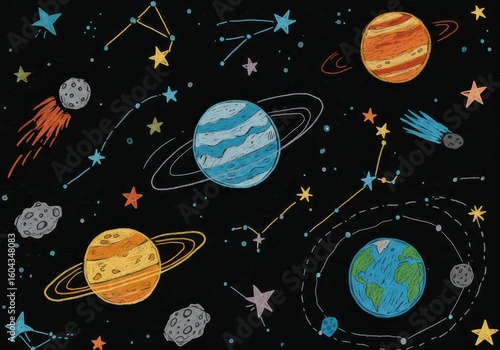 Colorful Hand Drawn Space Elements – Planets, Stars, Meteors and Constellations on Dark Background