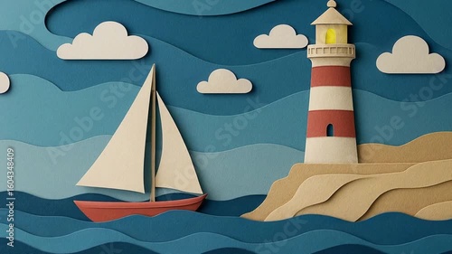 Paper Sailboat Gliding Past Lighthouse on Wavy Ocean Scene in Bright Paper Art Style