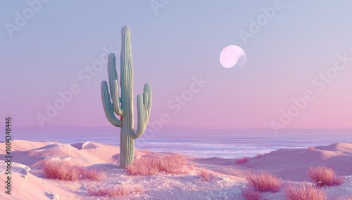 Pastel desert scene with cactus and moon