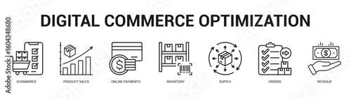 Digital Commerce Optimization Modern and clean web banner illustration featuring thematic icons for visual communication