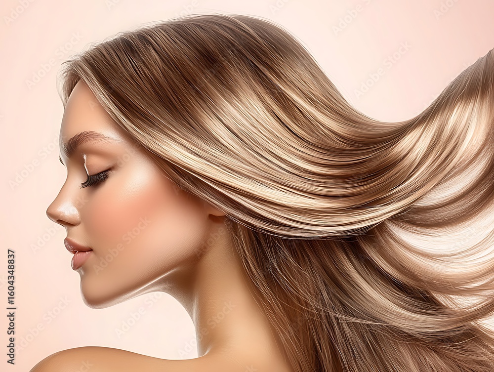 Naklejka premium Beautiful profile of a young woman with flowing hair showcasing elegance and softness against a light background