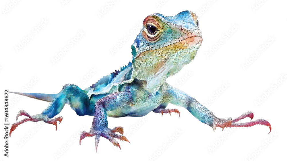 Fototapeta premium Colorful blue, green, and orange frog, amphibian creature, wildlife animal, reptile portrait isolated on Transparent Background