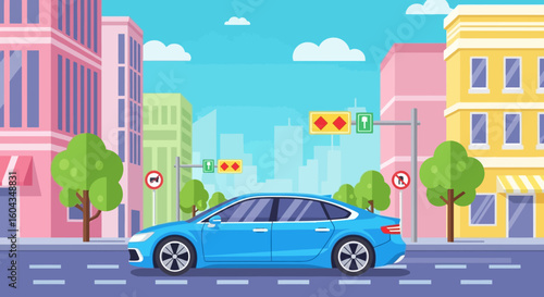 A blue car drives down a city street, passing buildings, traffic lights, and trees.