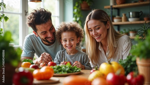 Happy Family Preparing Fresh Fruits and Vegetables Together