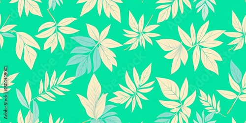 Vibrant turquoise & beige tropical leaves seamless pattern on green background, aesthetic, wallpaper