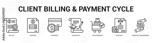 Client Billing and Payment Cycle Modern and clean web banner illustration featuring thematic icons for visual communication