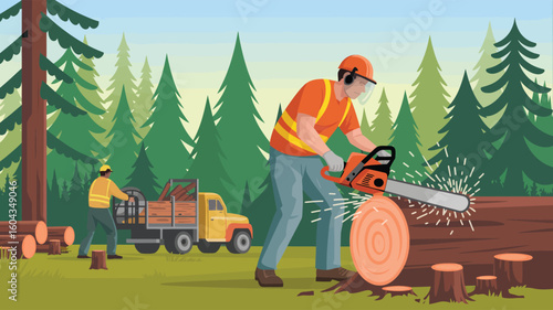 Lumber workers in safety gear cutting and loading wood logs in forest—manual labor, logging, and teamwork in a pine woodland setting