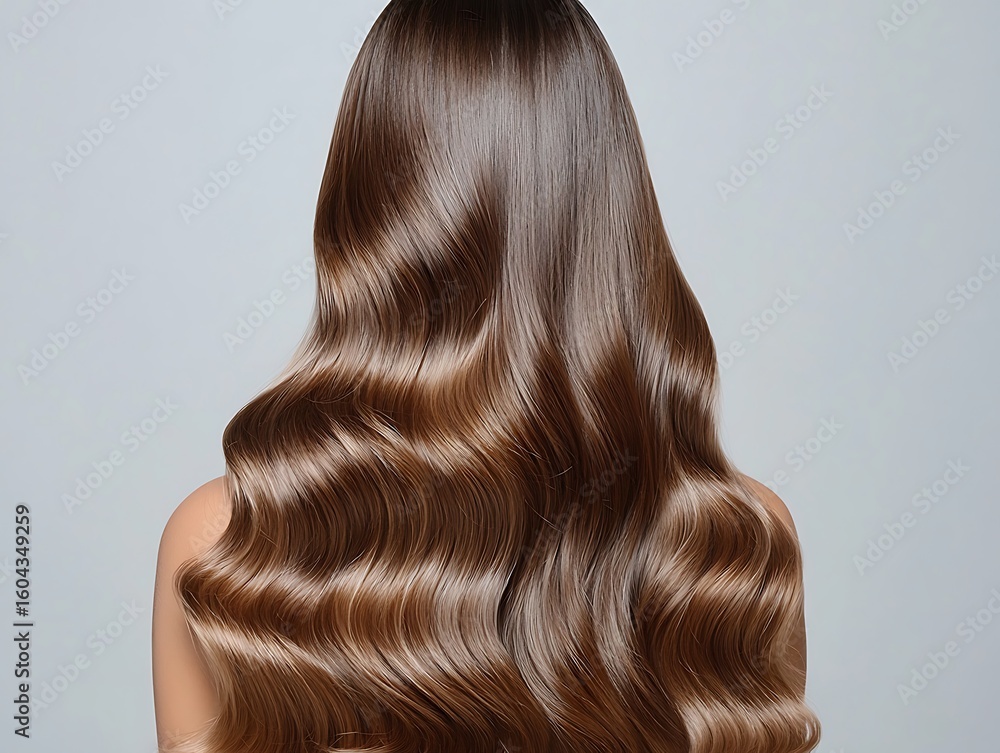 Fototapeta premium Glossy and Flowing Long Brown Hair with Natural Waves from the Back on a Neutral Background