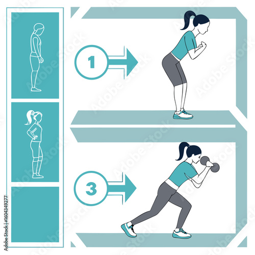Fitness illustration showing a woman performing a bicep curl exercise with dumbbells demonstrating proper form and progression for arm strength training
