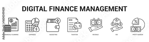 Digital Finance Management Modern and clean web banner illustration featuring thematic icons for visual communication