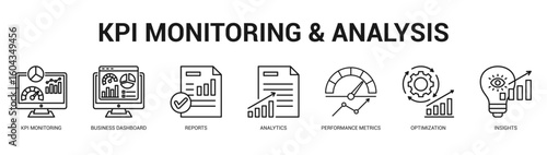KPI Monitoring and Analysis Modern and clean web banner illustration featuring thematic icons for visual communication
