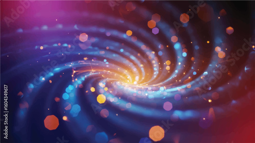 Swirling abstract background with glowing bokeh lights in blue purple and orange vector
