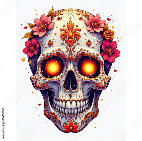 Mexico's Day of the Dead — El Día de los Muertos — skull decorated with colorful flowers.